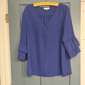 Umgee 3/4 Sleeve Blouse Deep Blue Ruffle Top Xlarge Casual Woman